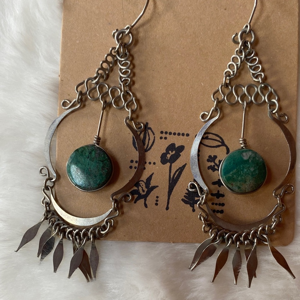3” Green Stone Sterling Silver-Bohemian Dangle Earrings - Women Jewelry